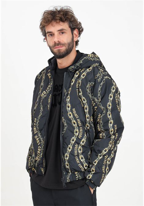 Black reversible men's down jacket with all-over Chain Couture print on one side and V-Emblem logo on the other VERSACE JEANS COUTURE | 77GAUD17CQD56G89